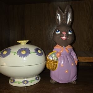 Easter Bunny Figurine with Basket - Purple and Brown